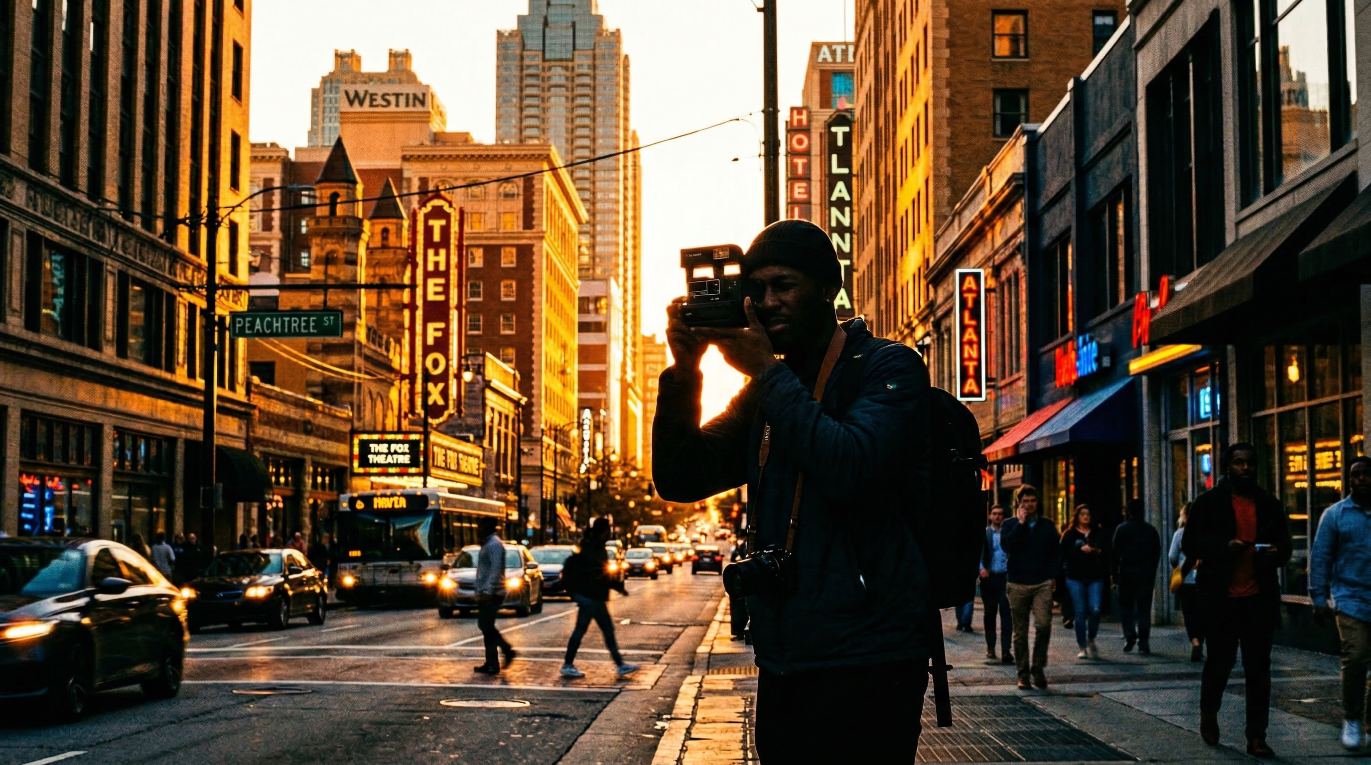 Photographer on Peachtree Street at golden hour capturing a polaroid moment in Atlanta