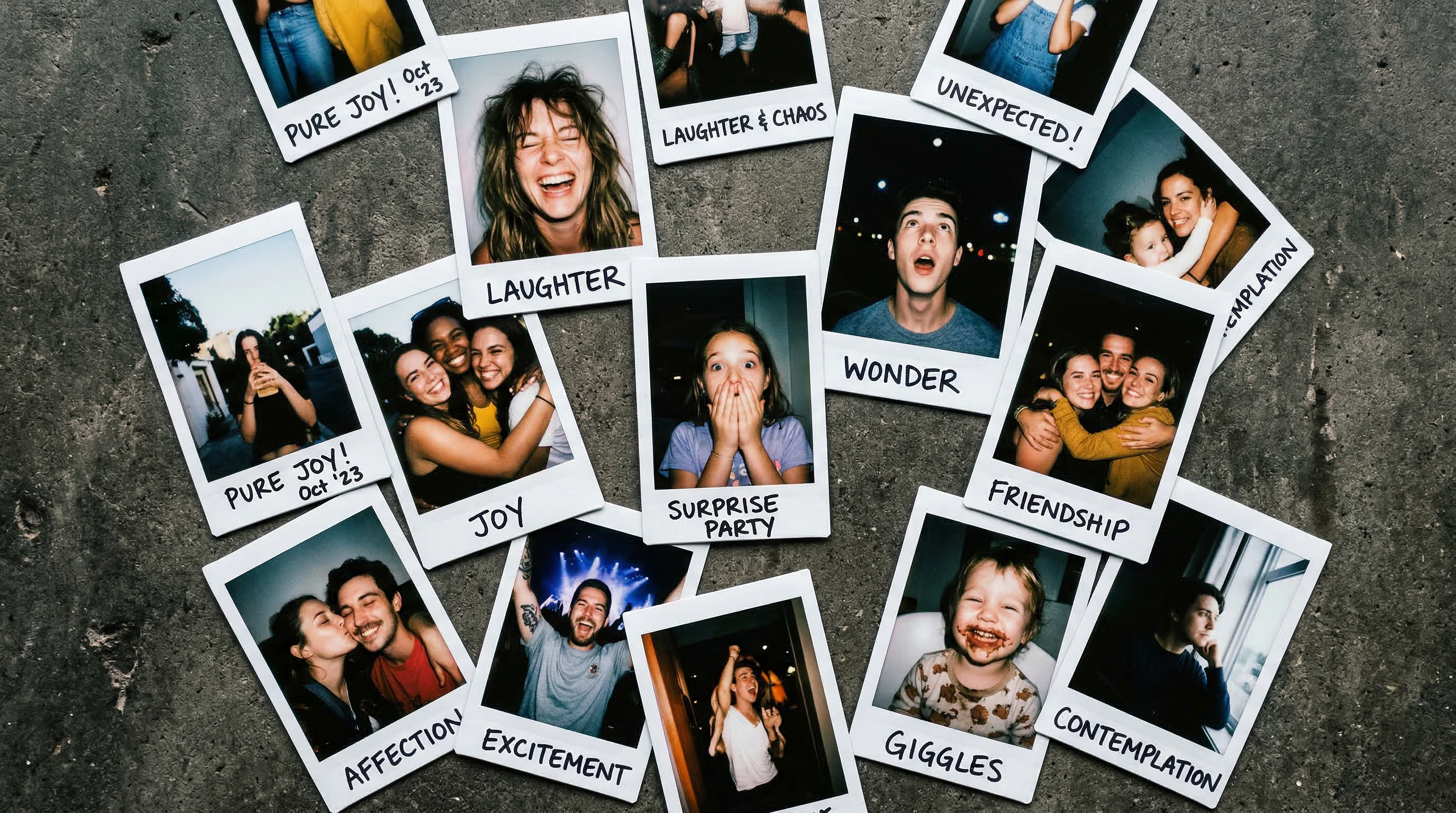 Collection of polaroid photographs capturing candid human emotions — joy, laughter, wonder, friendship